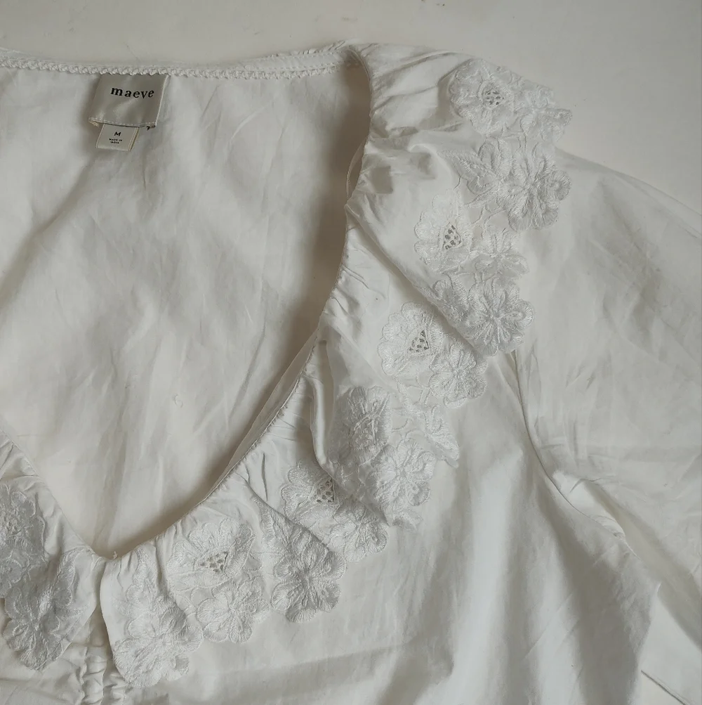 Maeve White Ruffled V-Neck Drawstring Blouse